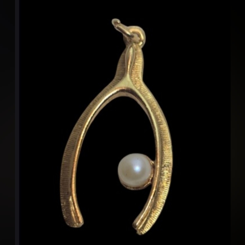 Wishbone faux pearl pendant, gold tone